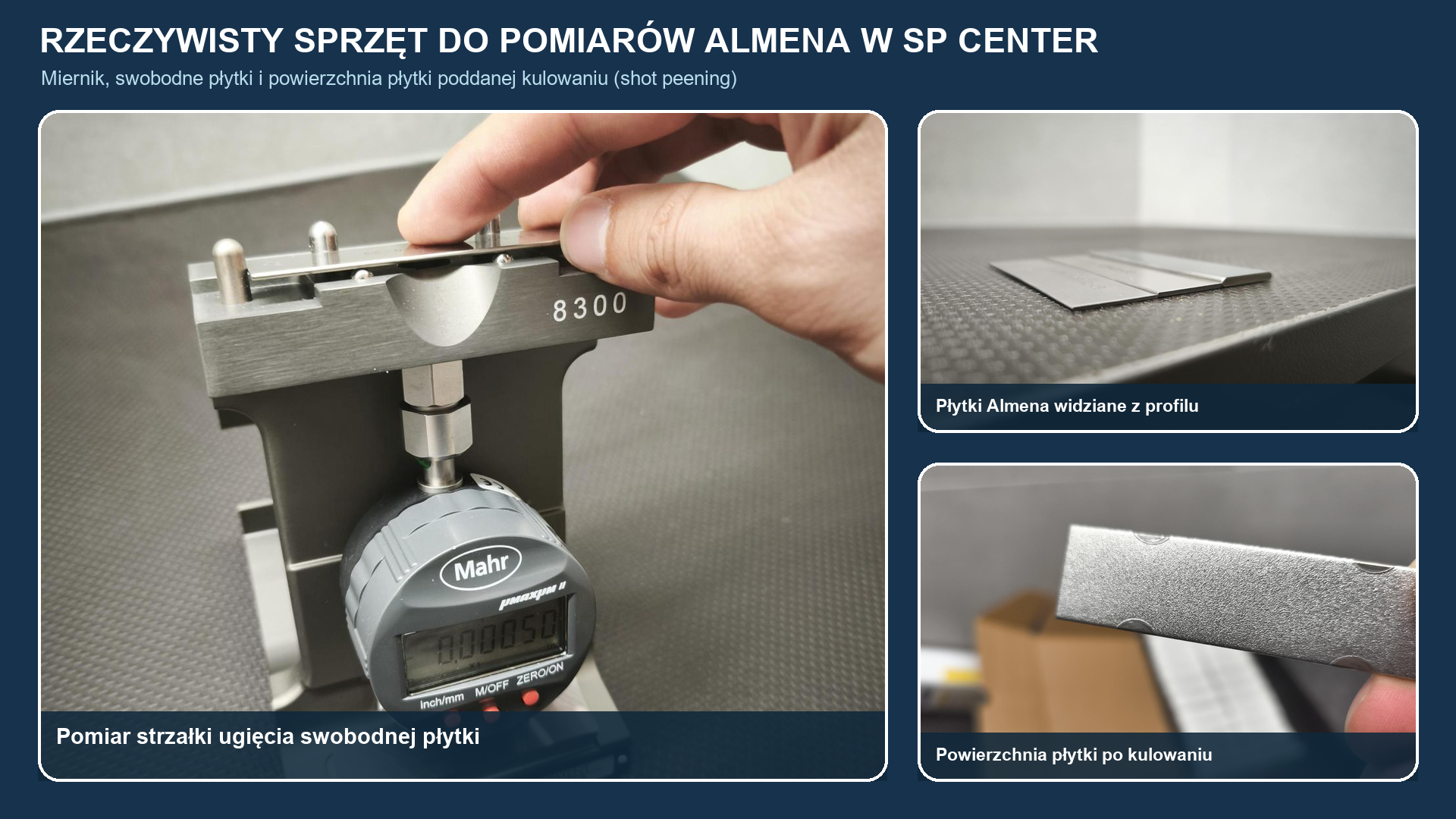 Rzeczywisty miernik Almena i płytki testowe firmy SP Center służące do dokumentowania znormalizowanej odpowiedzi płytki.