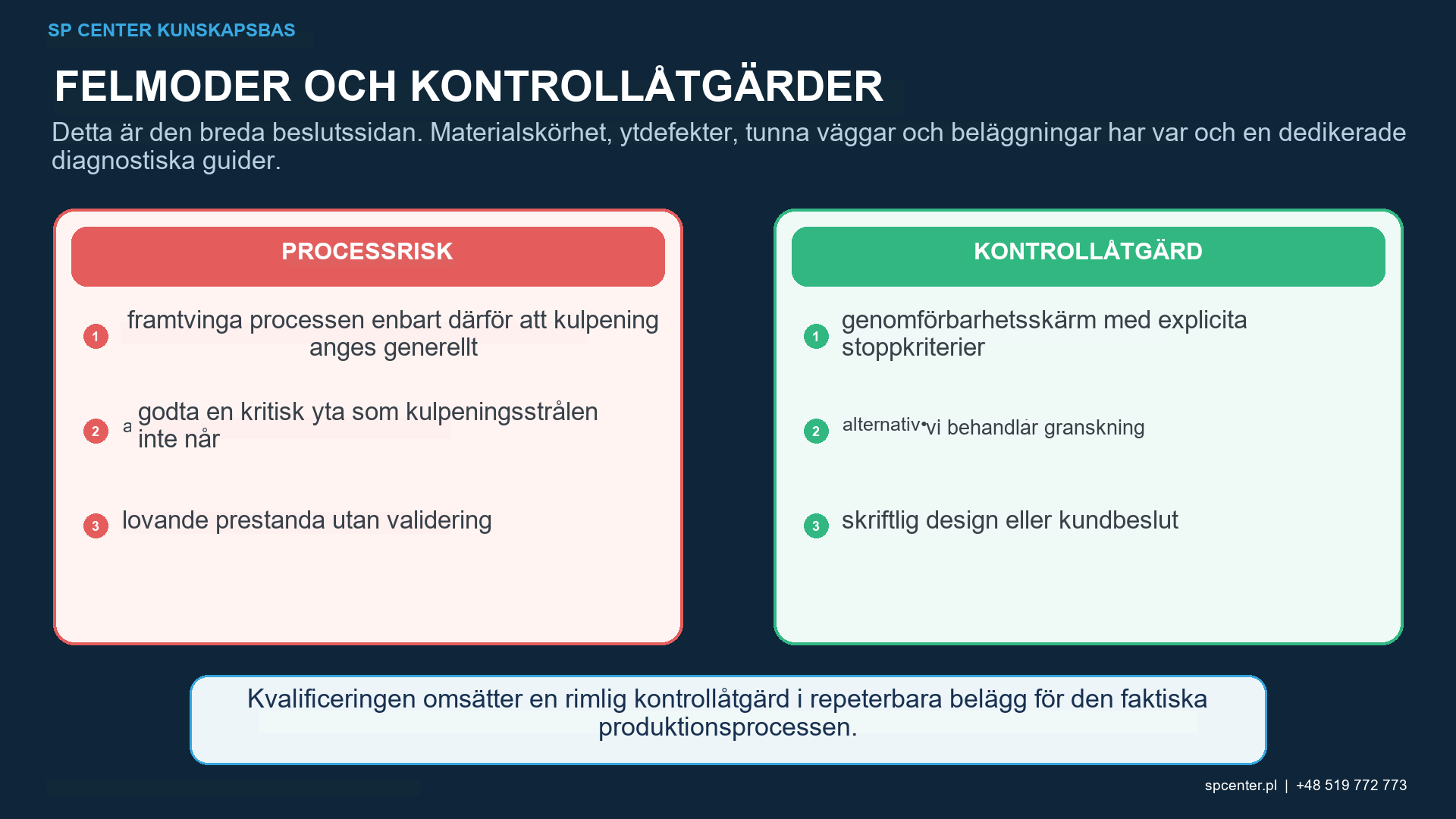 No-go- och villkorade kulpeningsbeslut med hjälp av representativa försök, ytinspektion, dimensioner, täckningsgrad, restspänning och funktionell validering.